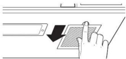 Diagram showing a hand pressing down on a device screen with a black arrow indicating the process.