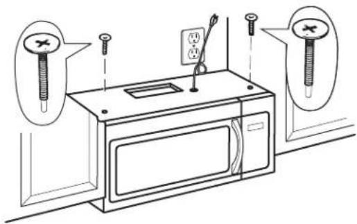 Diagram showing a microwave oven with screwdrivers and a power outlet, annotated with airplane icons for flight.
