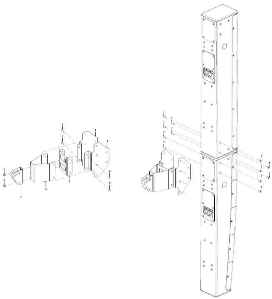 Technical diagram of a vertical industrial control panel with numbered components and cross-sectional views