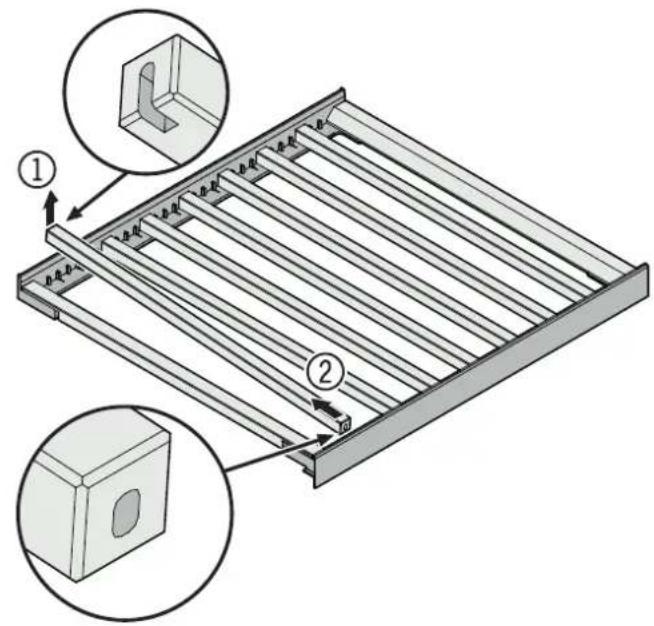 Technical diagram showing a metal frame structure with labeled components and magnified views of the component.