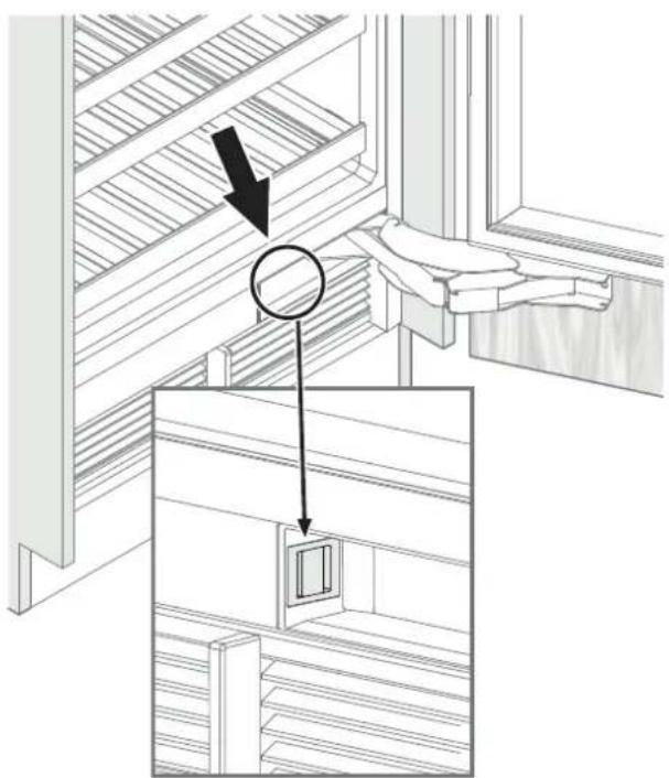 Diagram showing a hand interacting with a wall-mounted door panel, with an arrow indicating the direction of movement.