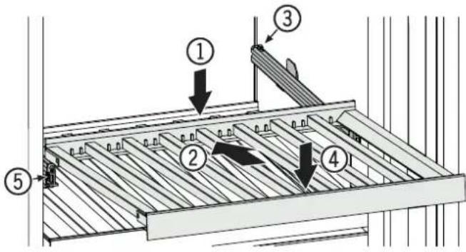 Technical diagram showing a structural assembly with numbered components and directional arrows indicating motion or flow.