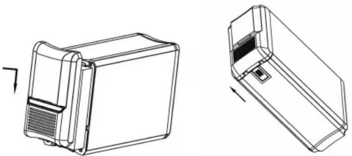 Technical line drawings of two electronic devices, one with a side panel and arrow indicating rotation (no text or symbols)