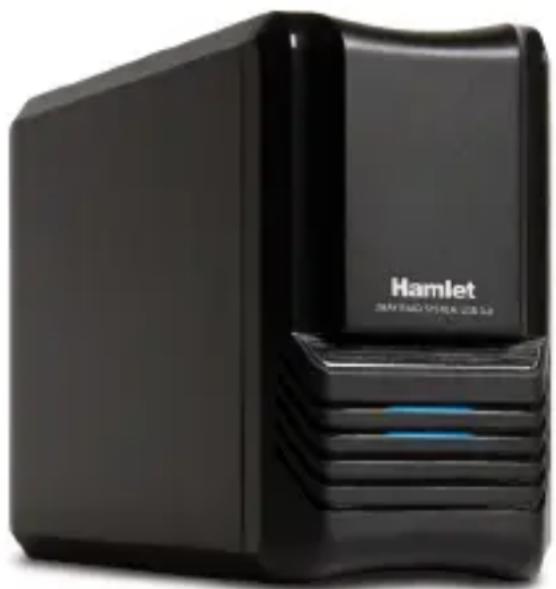 Black Hamlet device with visible branding and blue indicator button (no readable text beyond branding)