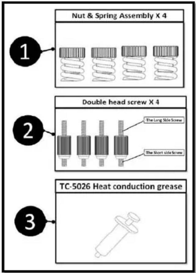 Nut & Spring Assembly X 4 1 Double head screw X 4 2 The Long Side Screw The Short Side Screw 3 TC-5026 Heat conduction grease