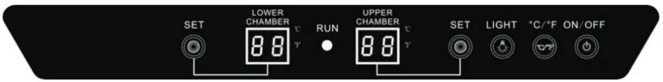 SET LOWER CHAMBER 8.8 °C RUN UPPER CHAMBER 8.8 °C T T SET LIGHT °C/°F ON/OFF