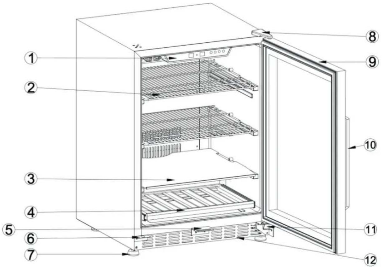 Labeled diagram of an open refrigerator interior showing numbered compartments and storage areas