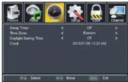Picture Audio Time Setup Lock Channel Sleep Timer Off Time Zone Eastern Daylight Saving Time Off Clock 2010/01/06 10:20 AM Select Move MENU Exit