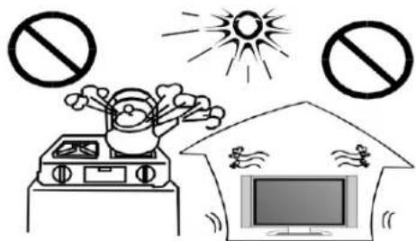 Illustration showing prohibited signs and a house with a TV, indicating no restrictions on fire or water.