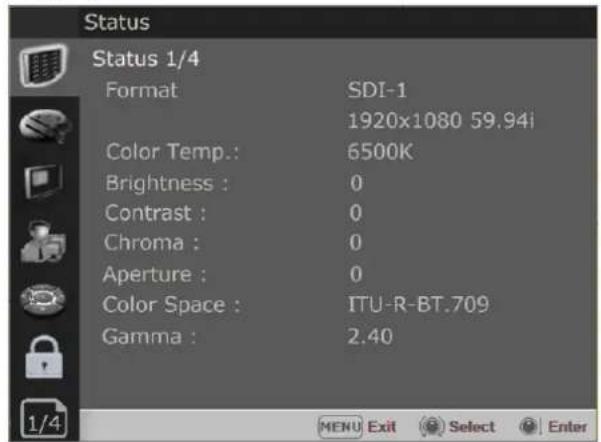 Status Status 1/4 Format SDI-1 1920x1080 59.94i Color Temp.: 6500K Brightness : 0 Contrast : 0 Chroma : 0 Aperture : 0 Color Space : ITU-R-BT.709 Gamma : 2.40 MENU Exit Select Enter