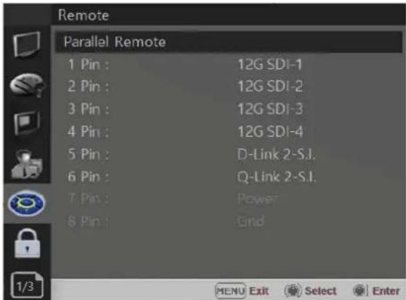 Remote Parallel Remote 1 Pin : 12G SDI-1 2 Pin : 12G SDI-2 3 Pin : 12G SDI-3 4 Pin : 12G SDI-4 5 Pin : D-Link 2-S.I. 6 Pin : Q-Link 2-S.I. 7 Pin : Power 8 Pin : Grid MENU Exit Select Enter