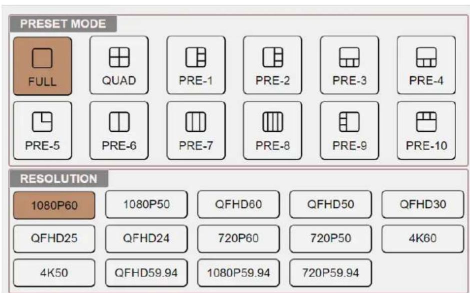 PRESET MODE FULL QUAD PRE-1 PRE-2 PRE-3 PRE-4 PRE-5 PRE-6 PRE-7 PRE-8 PRE-9 PRE-10 RESOLUTION 1080P60 1080P50 QFHD60 QFHD50 QFHD30 QFHD25 QFHD24 720P60 720P50 4K60 4K50 QFHD59.94 1080P59.94 720P59.94