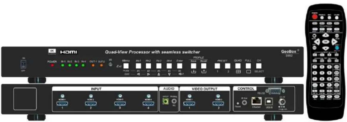 4K HDMI Quad-View Processor with seamless switcher GeoBox 59802 Power BI-1 BI-2 BI-3 BI-4 OUT-1 OUT-2 RR Menu IN-1 IN-2 IN-3 IN-4 Enter Profile State Record RESET QUAD FULL CH OUT PUDD 0.00 0.00 1 2 SELECT INPUT HDMI 1 1 2 HDMI 2 HDMI 3 HDMI 4 AUDIO APLISP Printing HDMI 1 1 2 VIDEO OUTPUT HDMI 2 CONTROL RS-232 DC-16 Reset 2 Interrupt USB 6 7288-100
