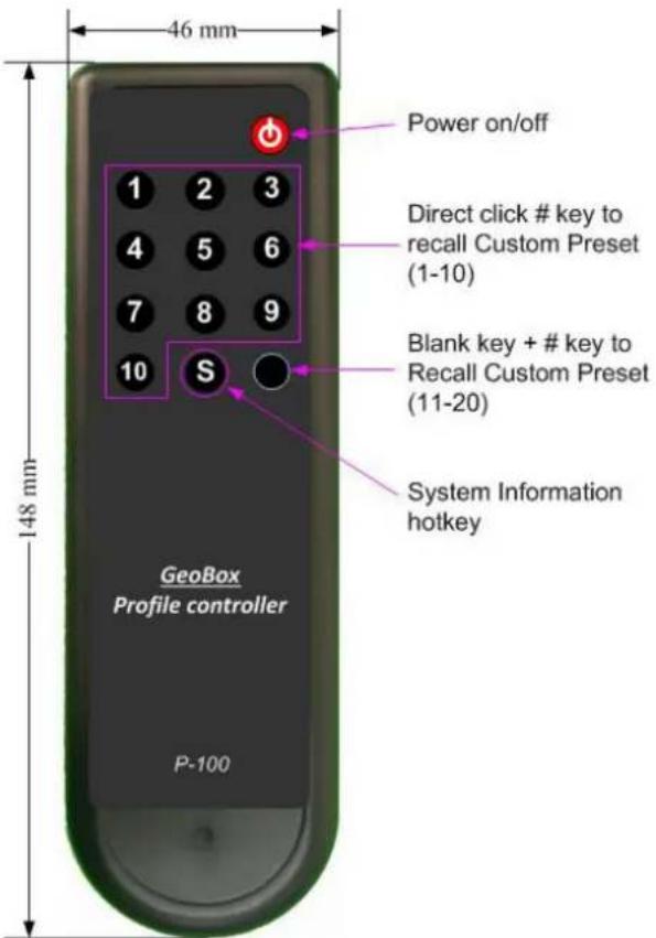 46 mm Power on/off 1 2 3 Direct click # key to recall Custom Preset (1-10) 4 5 6 7 8 9 Blank key + # key to Recall Custom Preset (11-20) 10 S System Information hotkey GeoBox Profile controller P-100 148 mm
