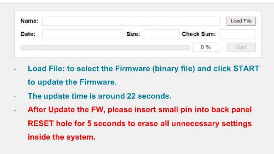 Name: Load File Date: Size: Check Sum: 0 % Start - Load File: to select the Firmware (binary file) and click START to update the Firmware. - The update time is around 22 seconds. - After Update the FW, please insert small pin into back panel RESET hole for 5 seconds to erase all unnecessary settings inside the system.