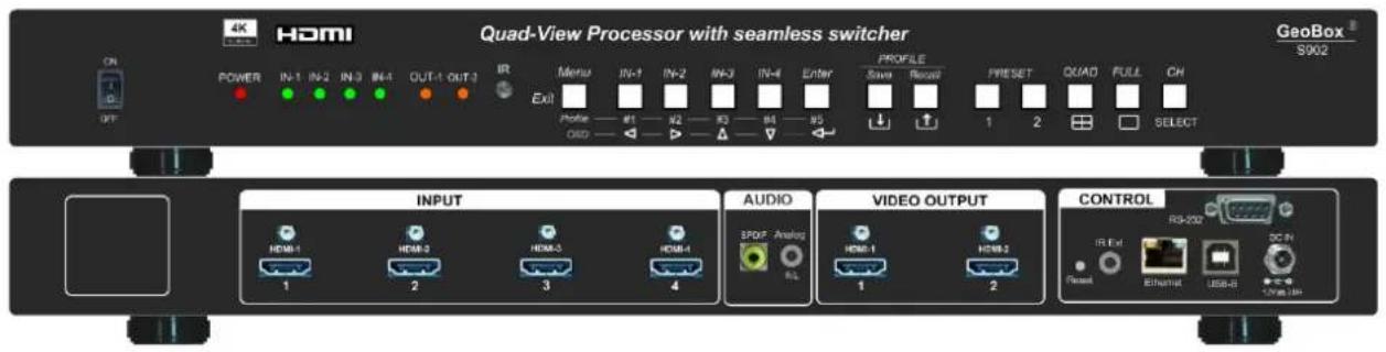 4K HDMI Quad-View Processor with seamless switcher GeoBox S902 ON POWER IN-1 IN-2 IN-3 IN-4 OUT-1 OUT-3 IR Exit Menu IN-1 IN-2 IN-3 IN-4 Enter Profile #1 #2 #3 #4 #5 OKD PROFILE Save Record PRESET QUAO FULL CH 1 2 SELECT INPUT HDMI-1 HDM-2 HDM-3 HDM-4 AUDIO SPDXF Analog HDMI-1 HDM-2 1 2 VIDEO OUTPUT CONTROL IR Exit Reset Ethernet USB-0 DC-IN