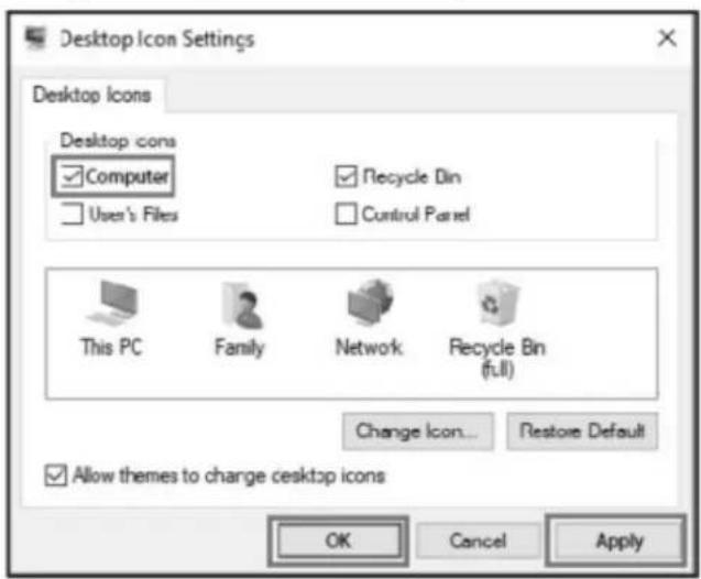 Desktop Icon Settings Desktop Icons Desktop icons ✓Computer ✓Recycle Bin User's Files ✓Control Panel This PC Family Network Recycle Bin (full) Change Icon... Restore Default ✓Allow themes to change desktop icons OK Cancel Apply