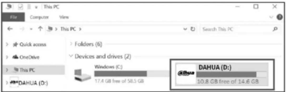 File Computer View This PC > Search This PC > Quick access > OneDrive > This PC > DAHUA (D:) Folders (6) Devices and drives (2) Windows (C:) 17.4 GB free of 58.5 GB @lhua DAHUA (D:) 10.8 GB free of 14.6 GB