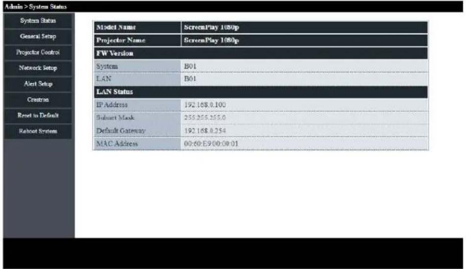 Admin > System Status System Status General Setup Projector Control Network Setup Alert Setup Crustion Reset to Default Rahoot System Model Name ScreenPlay 1080p Projector Name ScreenPlay 1080p FW Version System B01 LAN B01 LAN Status IP Address 192.168.0.100 Subnet Mask 255.255.255.0 Default Gateway 192.168.0.254 MAC Address 00:60:E9:00:00:01