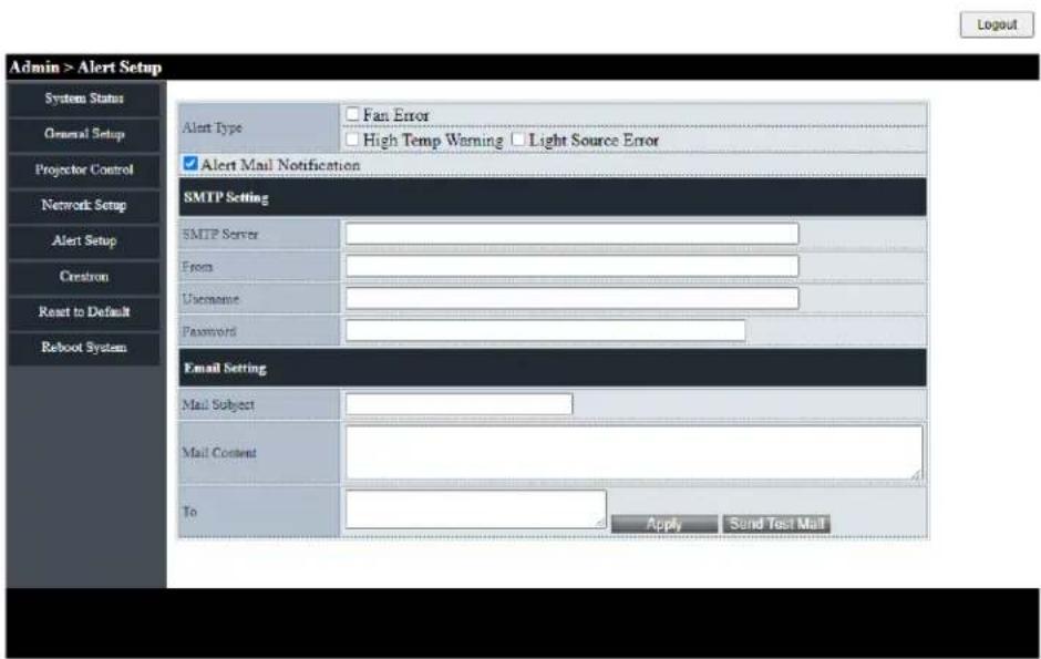 Admin > Alert Setup System Status General Setup Projector Control Network Setup Alert Setup Creation Reset to Default Reboot System Alert Type Fan Error High Temp Warning Light Source Error Alert Mail Notification SMTP Setting SMTP Server From Username Password Email Setting Mail Subject Mail Content To Apply Send Test Mail Logout
