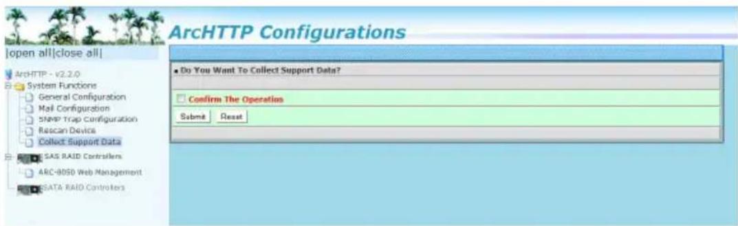 ArcHTTP Configurations [open all]close all] ArchHTTP - v2.2.0 System Functions General Configuration Mail Configuration SNMP Trap Configuration Riscan Devices Collect Support Data SAS RAID Controllers ARC-9050 Web Management SATA RAID Controllers Do You Want To Collect Support Data? Confirm The Operation Submit Reset