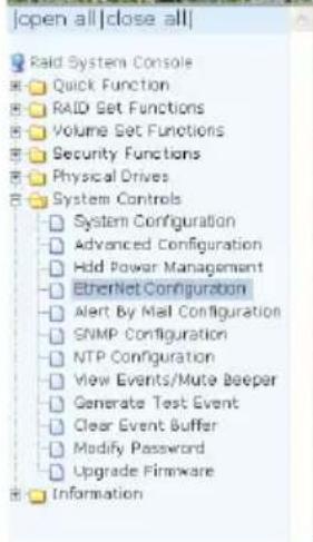 | System Configuration System Controls Advanced Configuration Hold Power Management EtherNet Configuration Alert By Mail Configuration SNMP Configuration NTP Configuration View Events/Mute Beeper Generate Test Event Clear Event Buffer Modify Password Upgrade Firmware Information