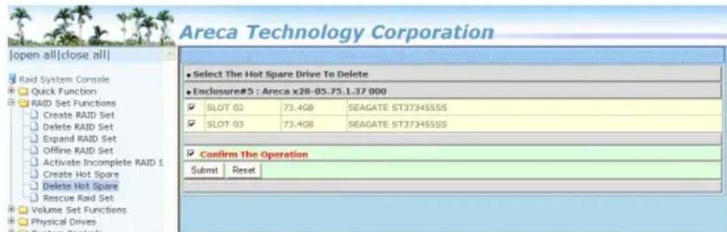 Areca Technology Corporation [open all|close all] Raid System Console Quick Function RAID Set Functions Create RAID Set Delete RAID Set Expand RAID Set Offline RAID Set Activate Incomplete RAID S Create Hot Spare Delete Hot Spare Rescue Raid Set Volume Set Functions Physical Drives System Controls Select The Hot Spare Drive To Delete Enclosure#5 : Areca x28-05.75.1.37 000 SLOT 02 73.4GB SEAGATE ST373455SS SLOT 03 73.4GB SEAGATE ST373455SS Confirm The Operation Submit Reset