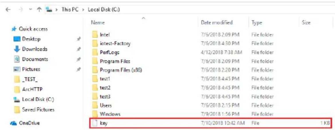 This PC > Local Disk (C:) Name Date modified Type Size Intel 7/6/2018 2:09 PM File folder iotest-Factory 7/6/2018 4:30 PM File folder PerfLogs 4/12/2018 7:38 AM File folder Program Files 7/6/2018 2:09 PM File folder Program Files (x86) 7/6/2018 2:20 PM File folder test1 7/6/2018 4:45 PM File folder test2 7/6/2018 4:45 PM File folder test3 7/6/2018 4:45 PM File folder Users 7/6/2018 2:15 PM File folder Windows 7/9/2018 1:56 PM File folder key 7/10/2018 10:42 AM File 1 KB OneDrive