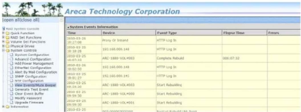 Areca Technology Corporation [open all] [close all] RAID System Console Quick Function RAID Set Functions Volume Set Functions Physical Drives System Controls System Configuration Advanced Configuration Hdd Power Management EtherNet Configuration Alert By Mail Configuration SNPP Configuration NTP Configuration View Events/Mute Beeper Generate Test Event Clear Event Buffer Modify Password Upgrade Firmware Information System Events Information Time Device Front Type Ftopc Time Errors 2010-03-25 18:27:08 Proxy Or Inband HTTP Log In 2010-03-25 18:19:28 192:168,000,148 HTTP Log In 2010-03-25 10:03:33 ARC-1880-VOL*003 Complete Rebuild 006:07:32 2010-03-25 10:02:50 192:168,000,148 HTTP Log In 2010-03-25 10:01:27 192:160,000,145 HTTP Log In 2010-03-25 09:59:30 ARC-1880-VOL*003 Start Rebuilding 2010-03-25 09:59:30 ARC-1880-VOL*000 Start Rebuilding 2010-03-25 09:59:30 ARC-1880-VOL*001 Start Rebuilding 2010-03-25 09:59:30 DCR-RGB#LBA Resin