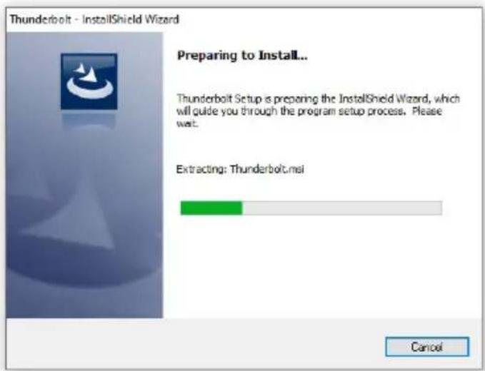 Thunderbolt - InstallShield Wizard Preparing to Install... Thunderbolt Setup is preparing the InstallShield Wizard, which will guide you through the program setup process. Please wait. Extracting: Thunderbolt.msi Cancel