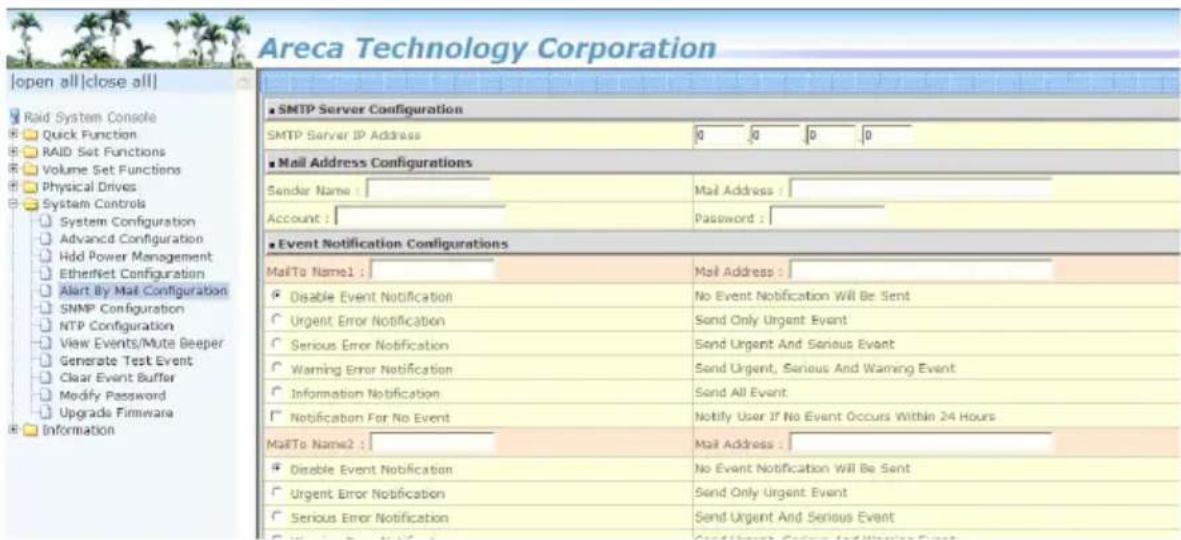 Areca Technology Corporation [open all|close all] Raid System Console Quick Function RAID Set Functions Volume Set Functions Physical Drives System Controls System Configuration Advanced Configuration Hold Power Management Ethernet Configuration Alert By Mail Configuration SNMP Configuration NTP Configuration View Events/Mute Beeper Generate Test Event Clear Event Buffer Modify Password Upgrade Firmware Information SMTP Server Configuration SMTP Server IP Address 0 0 0 0 Mail Address Configurations Sender Name : Mail Address : Account : Password : Event Notification Configurations MailTo Name1 : Mail Address : Disable Event Notification No Event Notification Will Be Sent Urgent Error Notification Send Only Urgent Event Serious Error Notification Send Urgent And Serious Event Warning Error Notification Send Urgent, Serious And Warning Event Information Notification Send All Event Notification For No Event Notify User If No Event Occurs Within 24 Hours MailTo Name2 : Mail Address : Disable Event Notification No Event Notification Will Be Sent Urgent Error Notification Send Only Urgent Event Serious Error Notification Send Urgent And Serious Event Send Urgent, Serious And Serious Event Send Urgent, Serious And Serious Event
