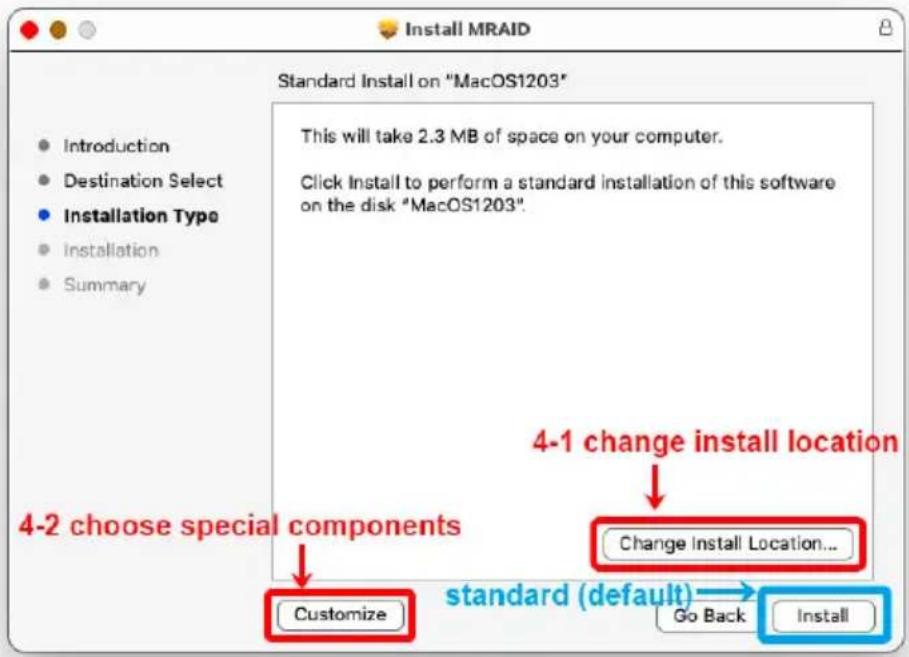 Install MRAID Standard Install on "MacOS1203" This will take 2.3 MB of space on your computer. Click Install to perform a standard installation of this software on the disk "MacOS1203". Introduction Destination Select Installation Type Installation Summary 4-1 change install location Change Install Location... Customize Go Back Install 4-2 choose special components standard (default)