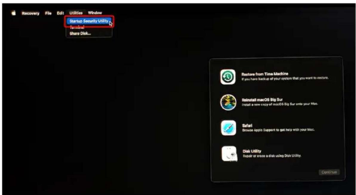Recovery File Edit Utilities Window Startup Security Utility Terminal Share Disk... Restore from Time Machine If you have backup of your system that you want to restore. Reinstall macOS Big Sur Install a new copy of macOS Big Sur onto your Mac. Safari Browse Apple Support to get help with your Mac. Disk Utility Repair or erase a disk using Disk Utility. Continue