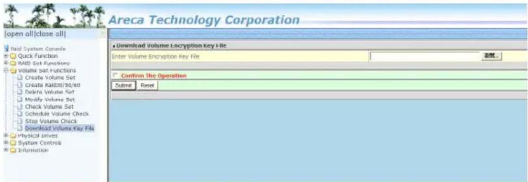 Areca Technology Corporation [open all|close all] Paid System Console Quick Function RAID Set Functions Volume Set Functions Create Volume Set Create RAID0/50/60 Delete Volume Set Modify Volume Set Check Volume Set Schedule Volume Check Stop Volume Check Download Volume Key File Physical drives System Controls Information Download Volume Encryption Key File Enter Volume Encryption Key File Confirm The Operation Submit Reset
