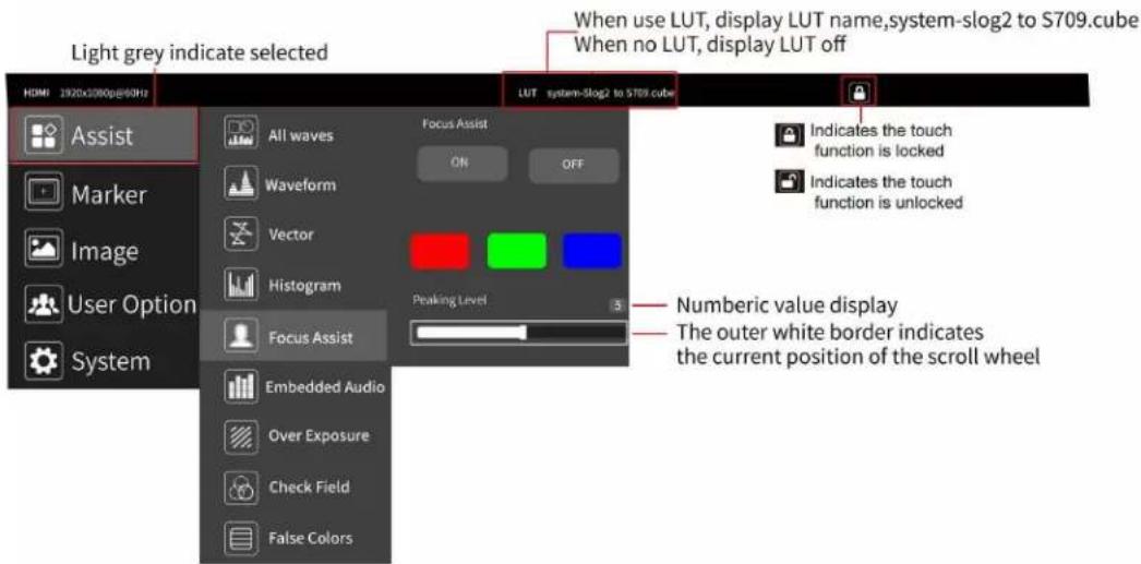 Light grey indicate selected When use LUT, display LUT name,system-slog2 to S709.cube When no LUT, display LUT off LUT system-slog2 to S709.cube All waves Focus Assist ON OFF Waveform Vector Histogram Peaking Level Focus Assist Embedded Audio Over Exposure Check Field False Colors HDMI 2820x2800p@60Hz Marker Image User Option System Numeric value display The outer white border indicates the current position of the scroll wheel