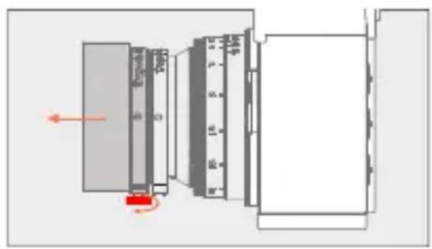 Technical diagram showing a mechanical assembly with labeled components and directional arrows indicating motion or force.
