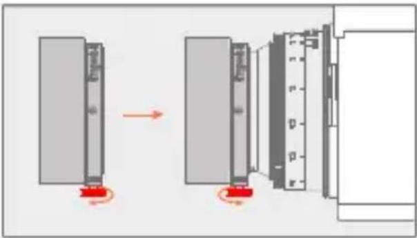 Diagram showing a device with red sensor points and directional arrows indicating motion or transformation.