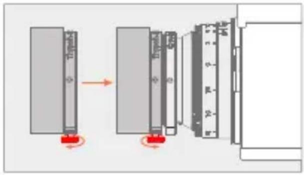 Diagram showing a device with red buttons and a vertical scale, illustrating a process from left to right.