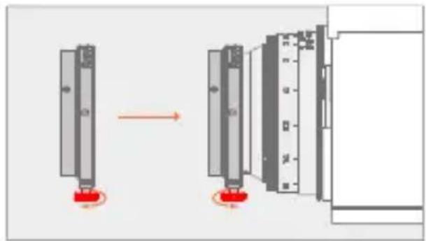 Diagram showing a mechanical assembly process with labeled components and directional arrows indicating motion or transformation.