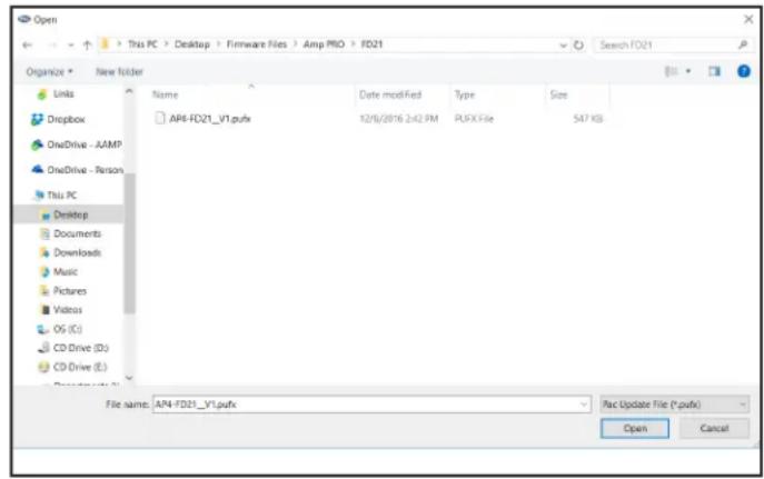 Open This PC > Desktop > Firmware Files > Amp PRO > FD21 Organize > New folder Units Dropbox OneDrive - AAMP OneDrive - Person This PC Desktop Documents Downloads Music Pictures Videos OS (C:) CD Drive (D:) CD Drive (E:) Name Date modified Type Size AP4-FD21_V1.pufx 12/8/2016 2:42 PM PUFX File S47 KB File name: AP4-FD21_V1.pufx Mac Update File (*.pufx) Open Cancel
