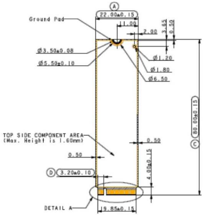 Ground Pad Ø3.50±0.08 Ø5.50±0.10 TOP SIDE COMPONENT AREA (Max. Height is 1.60mm) 0.50 D 3.20±0.10 DETAIL A 22.00±0.15 2.00 3.65 0.50 Ø1.20 Ø1.80 Ø6.50 0.50 4.00±0.15 80.00±0.15 C