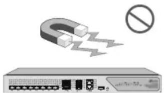 Illustration of a network switch with a U-shaped magnet and a prohibition symbol (no text or labels)