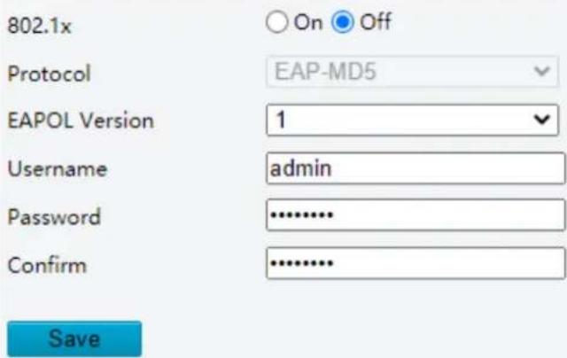 802.1x On Off Protocol EAP-MD5 EAPOL Version 1 Username admin Password .......... Confirm .......... Save