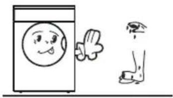 Illustration showing a washing machine with a smiling face and hand pointing at the door, alongside a close-up of the leg and hand holding an eye.