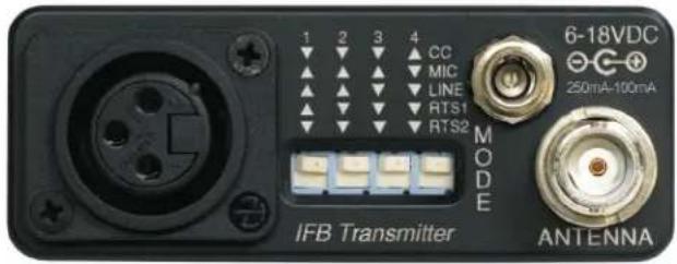 1 2 3 4 CC MIC LINE RTS1 RTS2 MODE IFB Transmitter 6-18VDC 250mA-100mA ANTENNA