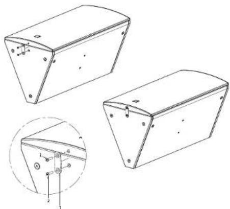 Technical line drawing of two rectangular metal enclosure components with mounting holes and a close-up inset showing internal wiring (no text or symbols)