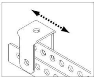 Technical line drawing of a mechanical bracket with circular holes and two arrows indicating direction (no text or symbols)