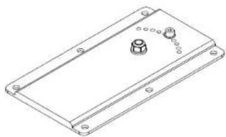 Technical line drawing of a rectangular electronic component with mounting holes and a central bolt (no text or symbols)