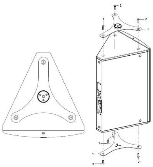 Technical line drawing of a triangular mechanical component with mounting holes and internal components (no text or symbols)