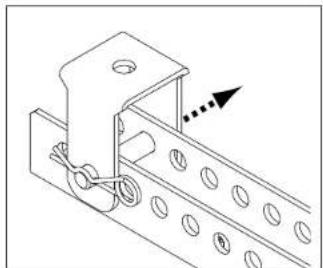 Technical line drawing of a mechanical bracket with mounting holes and a tool, showing no text or symbols